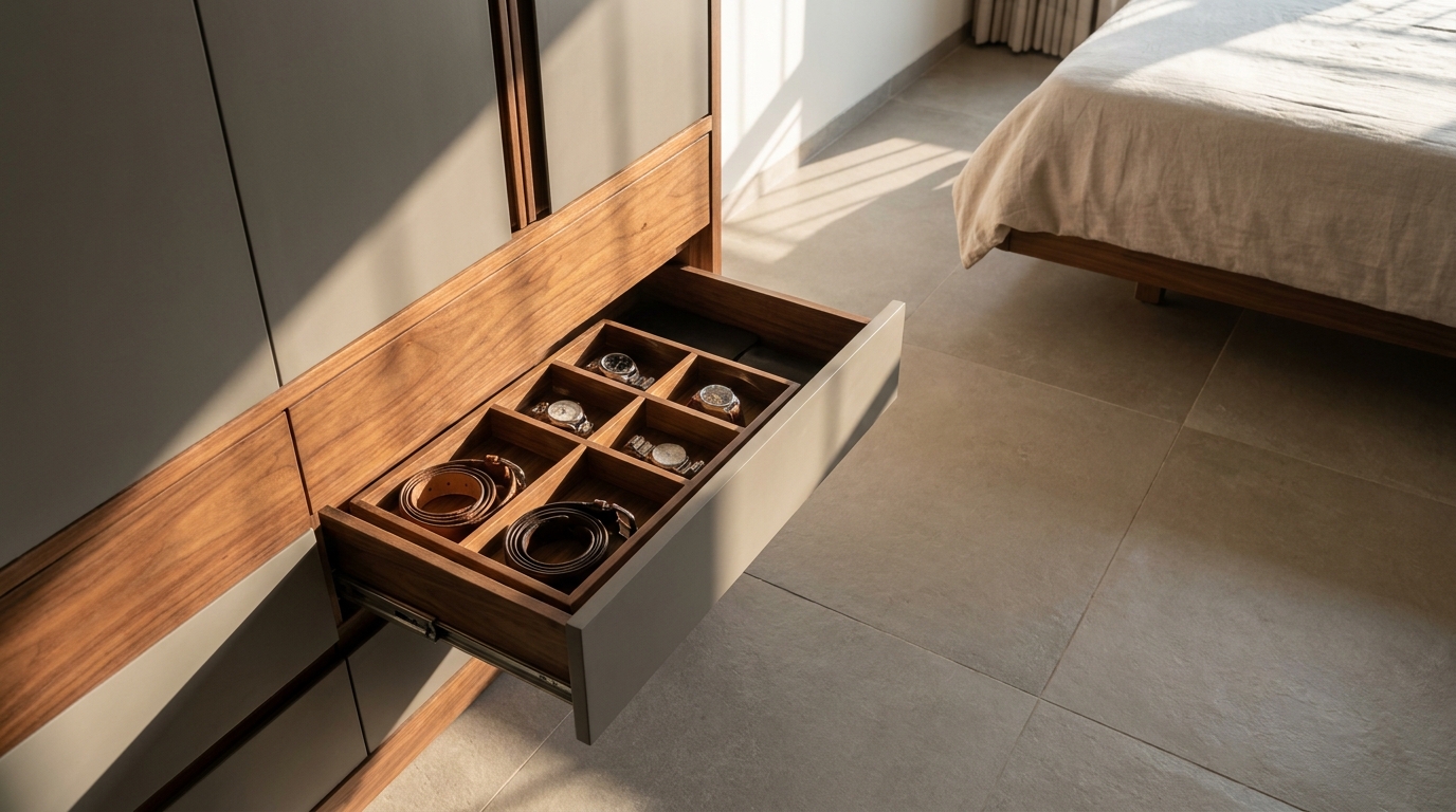Divided accessory drawer built into a modern wardrobe, angled editorial shot.