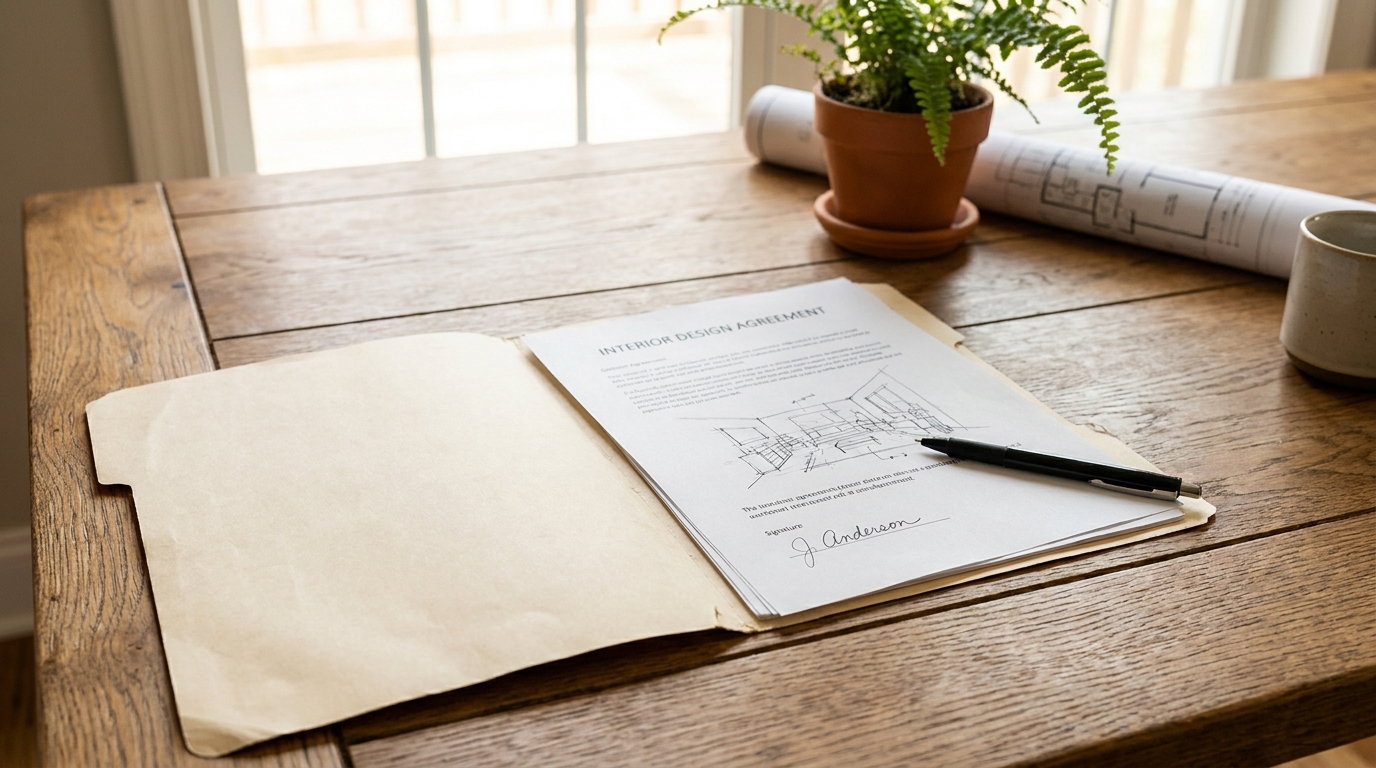 Signed interior design contract document with a pen resting on the signature line, on a wood table.