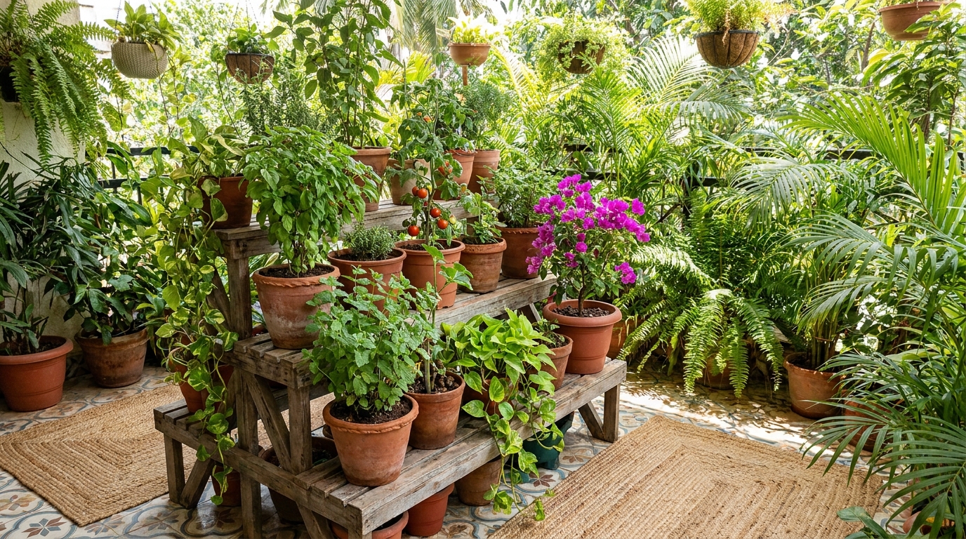 Tiered container garden with mixed plants on an Indian apartment terrace.
