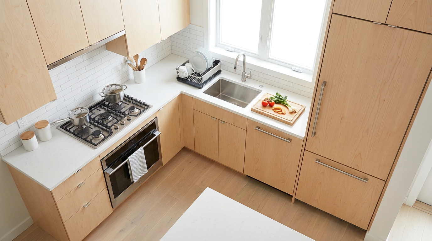 Modular kitchen layout showing the stove, sink, and refrigerator positioned close together in an efficient triangle.
