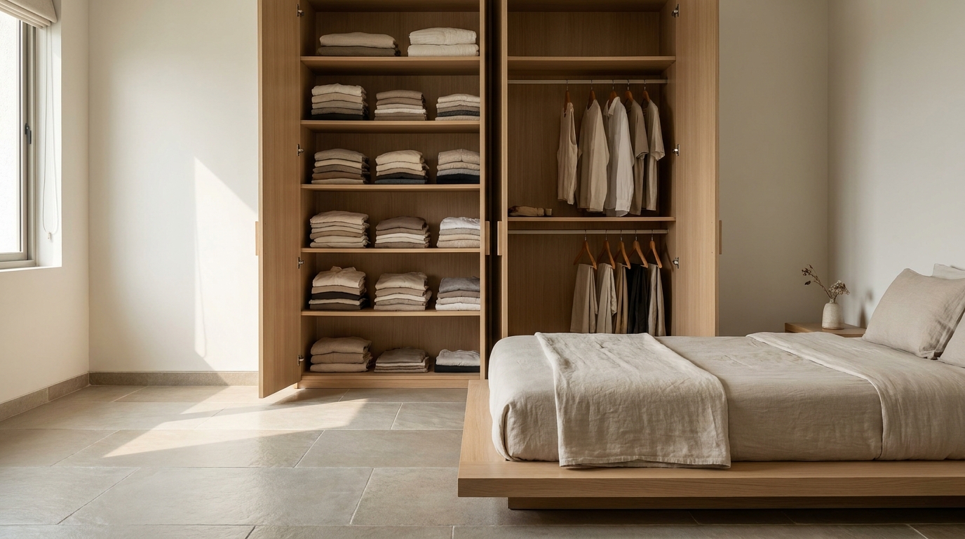 Wardrobe interior showing shelf-heavy layout for folded clothes, angled editorial shot.