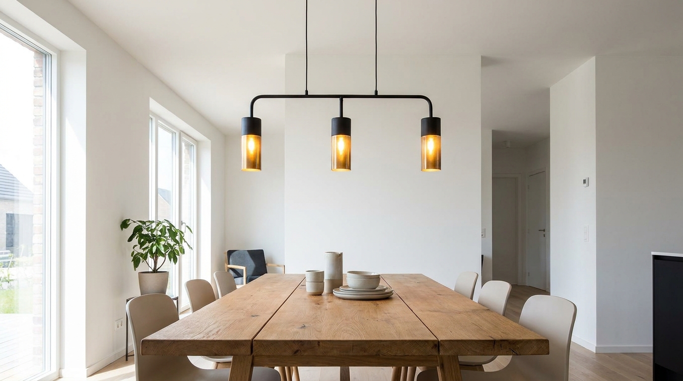 Linear suspension light fixture with three light sources along a slim bar, hung above a dining table.