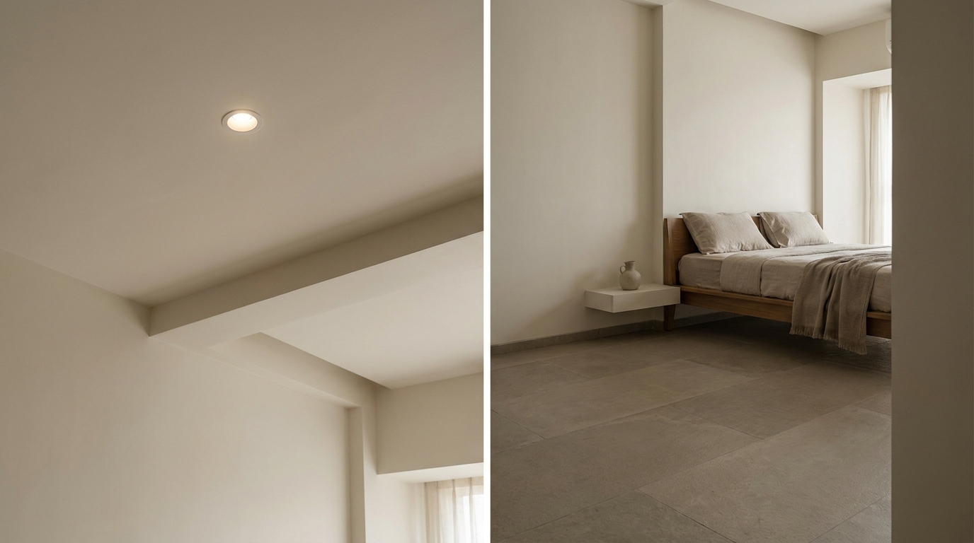 Matte false ceiling matching wall finish in an Indian apartment bedroom.