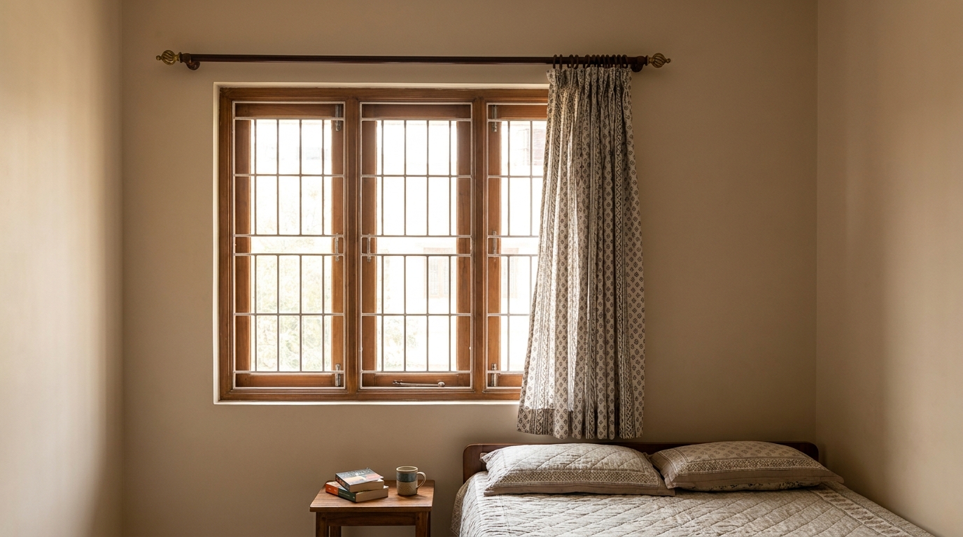 Exposed curtain rod with visible rings on an Indian apartment bedroom window before renovation.
