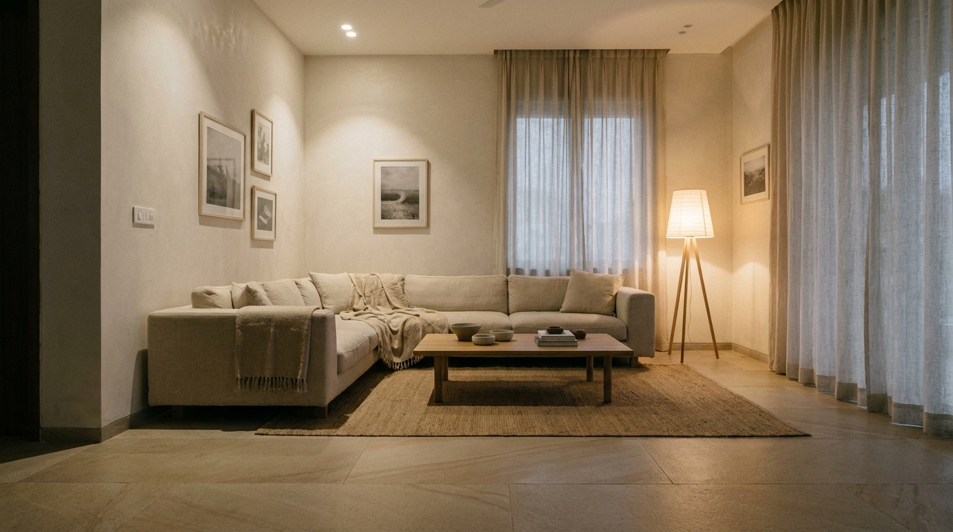 Living room lit entirely in warm white light for a cozy atmosphere.