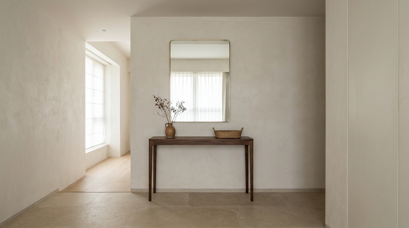 Brass-framed mirror above a console table in an Indian apartment entryway.