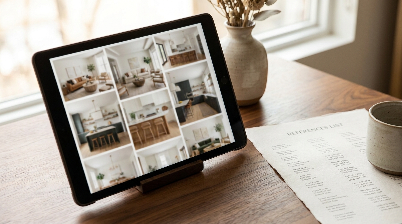 Tablet showing a blurred portfolio grid beside a printed reference contact list on a table.