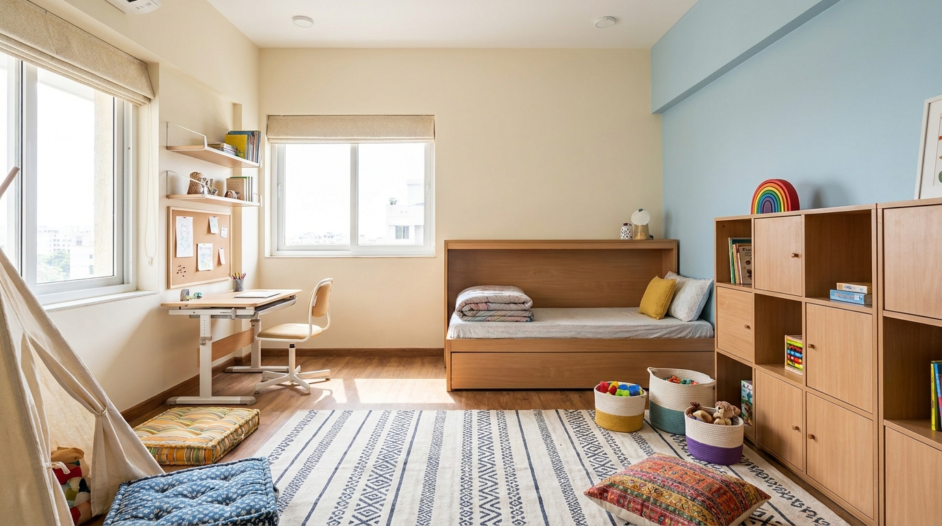 Kids' room with flexible zoning showing a convertible bed, a study nook, and a separate play area.