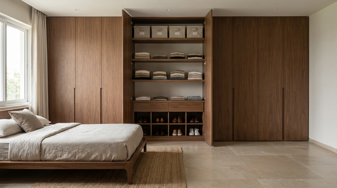 Organized floor-to-ceiling wardrobe interior in an Indian master bedroom.