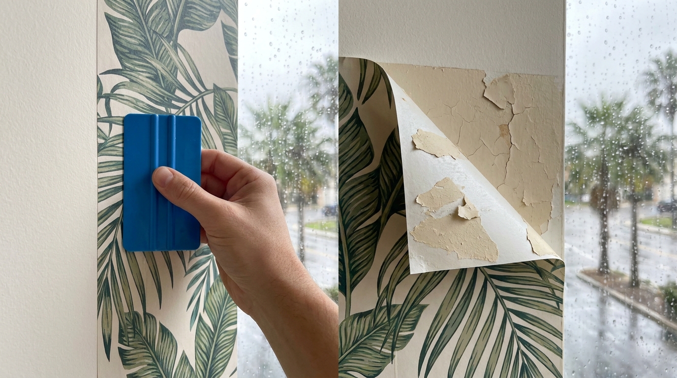 A close-up photograph showing the limits of peel-and-stick wallpaper, where one section adheres smoothly while another section peels away due to wall humidity, flaking the paint underneath.