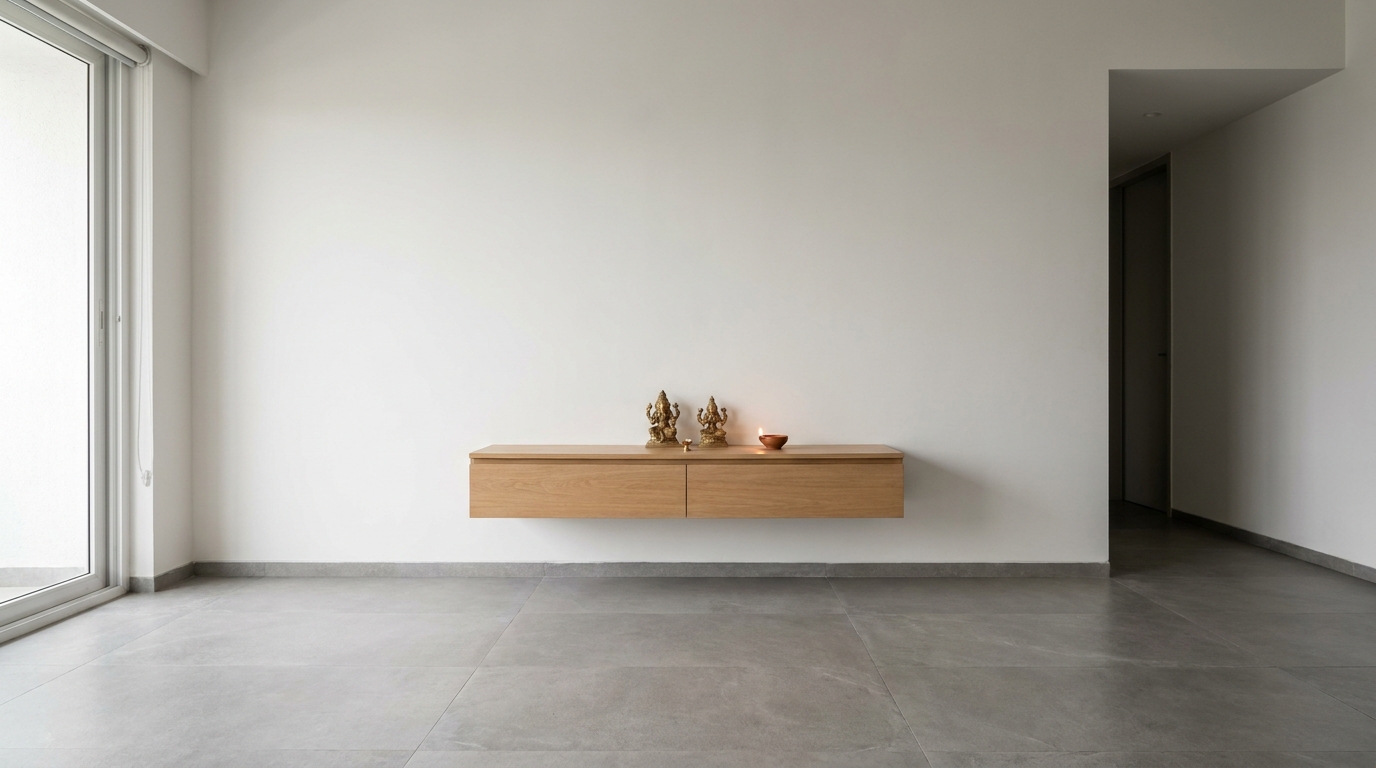 Minimal floating shelf mandir mounted on an Indian apartment wall.