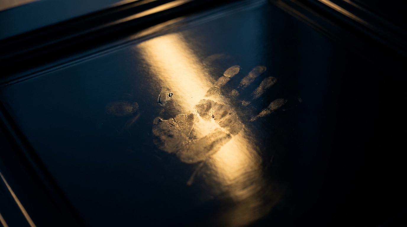 Close-up of grease smudges and a prominent handprint on a glossy cabinet surface, illustrating how easily reflective finishes stain in a kitchen.