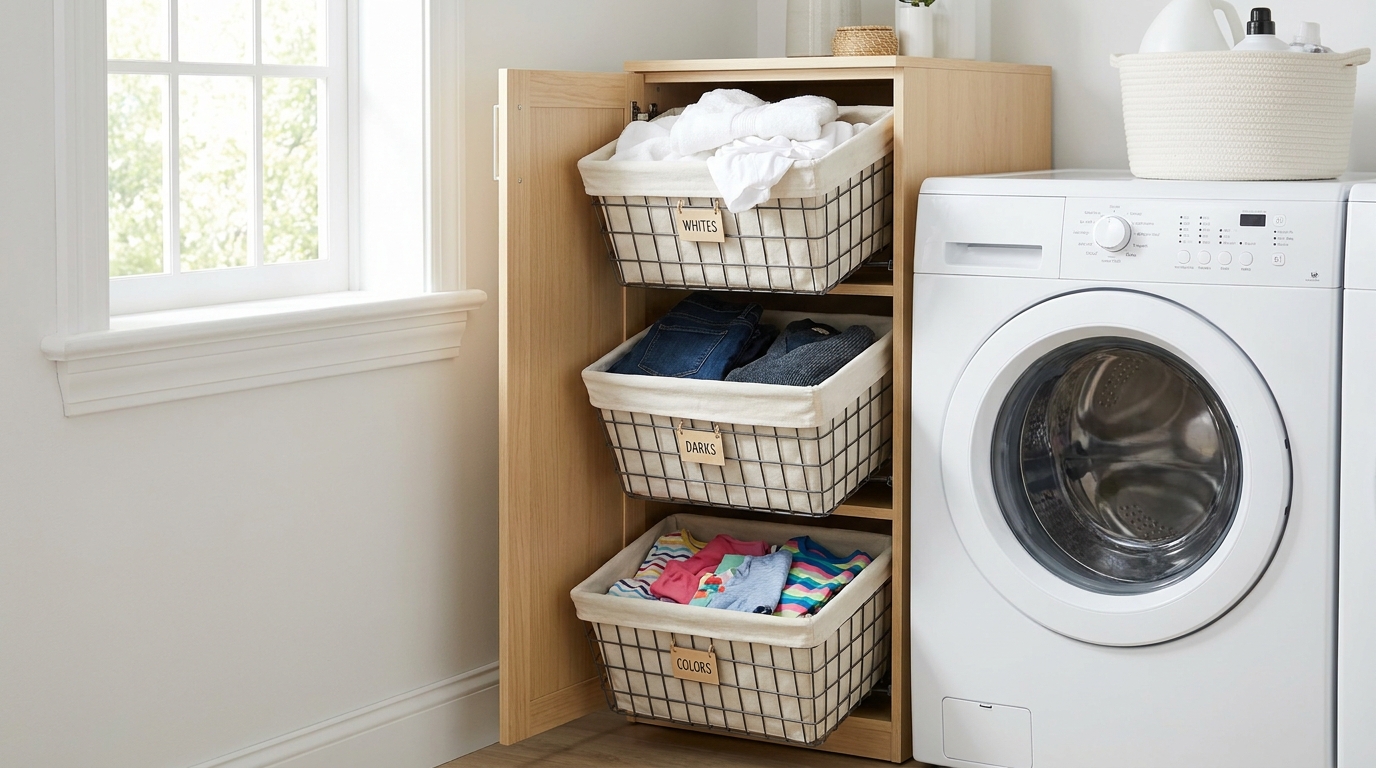 Slim cabinet beside a washing machine fitted with three pull-out fabric laundry sorting baskets.