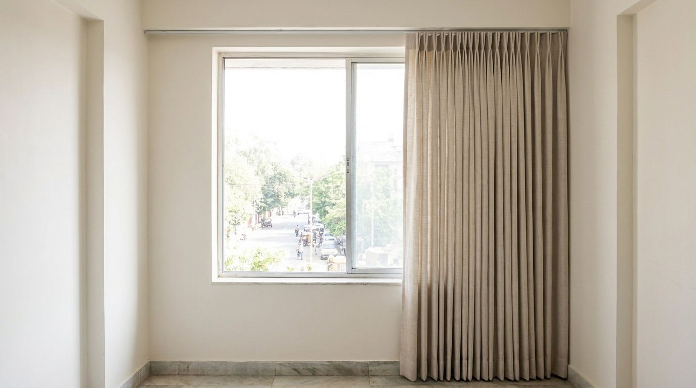 Tailored pinch-pleat curtain on a ceiling-mounted track in a renovated Indian apartment living room.
