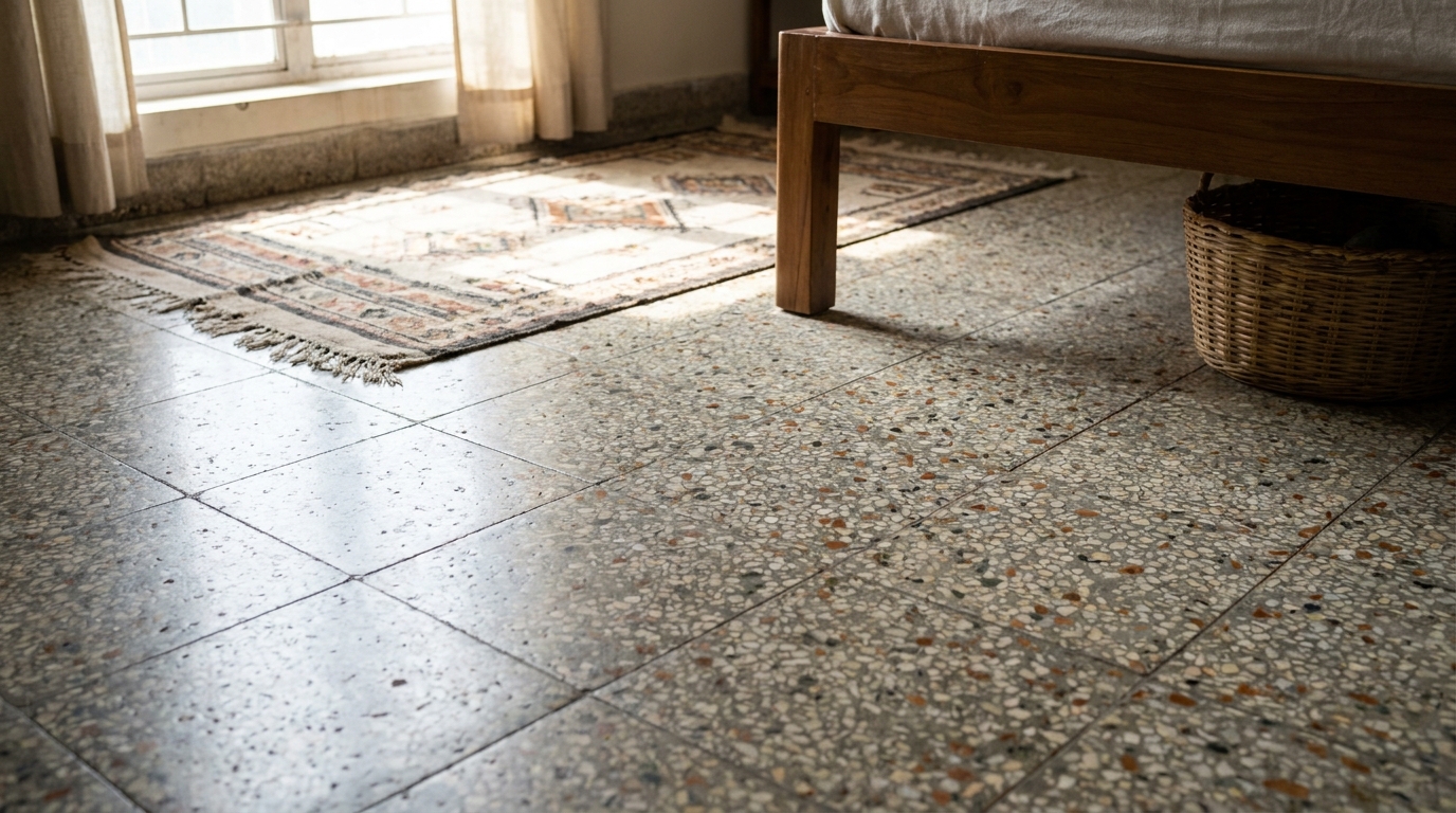 Classic mosaic terrazzo tile flooring in an Indian apartment bedroom before renovation.