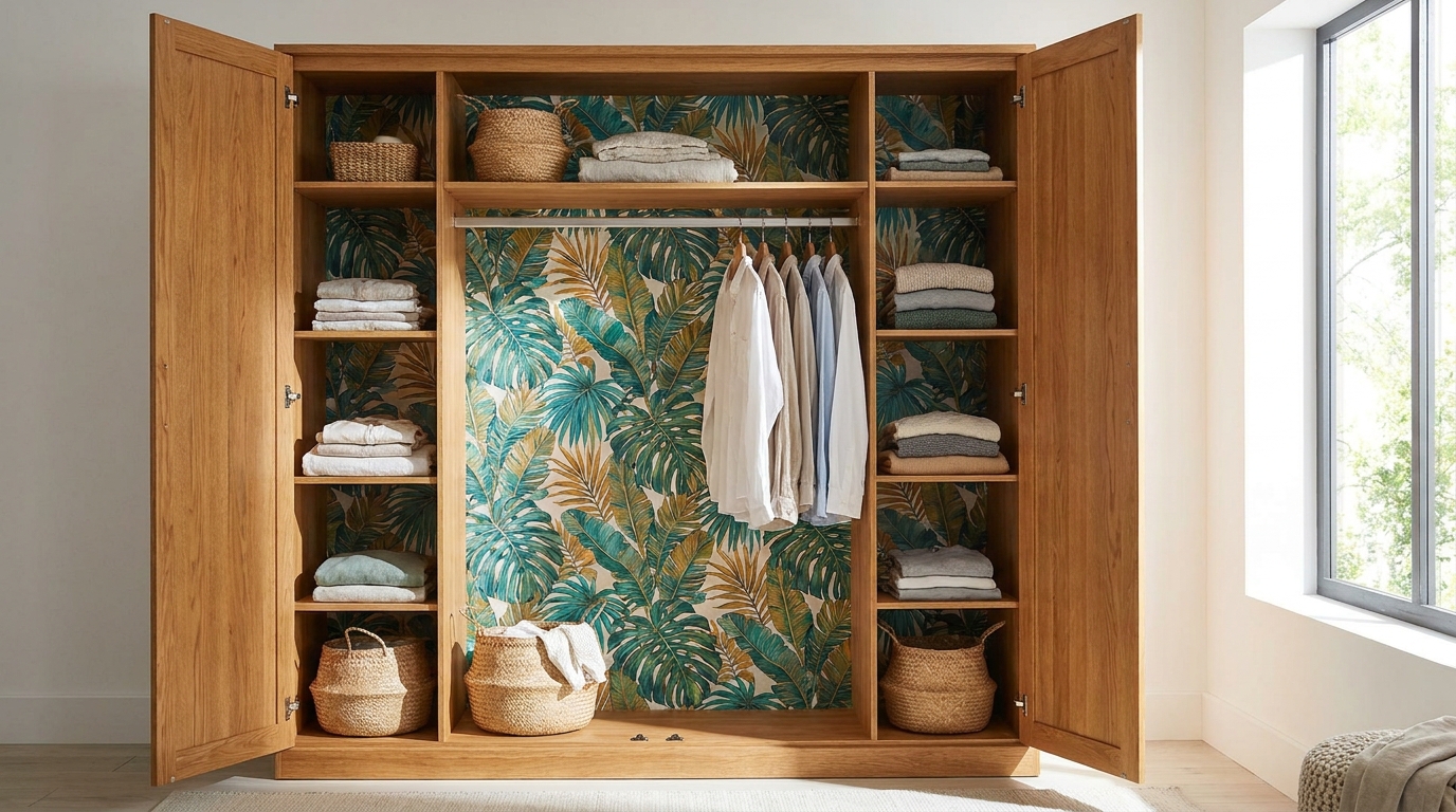 Wardrobe interior with the back panel covered in a bold tropical-leaf print wallpaper.