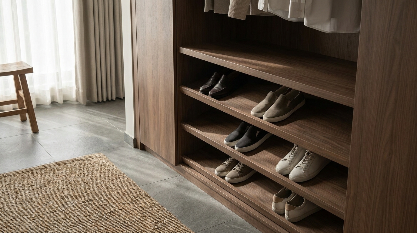 Slanted shoe shelving inside a modern wardrobe, angled editorial shot.