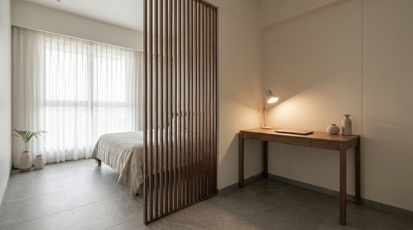 Bedroom work corner separated by a wood screen partition in an Indian apartment.