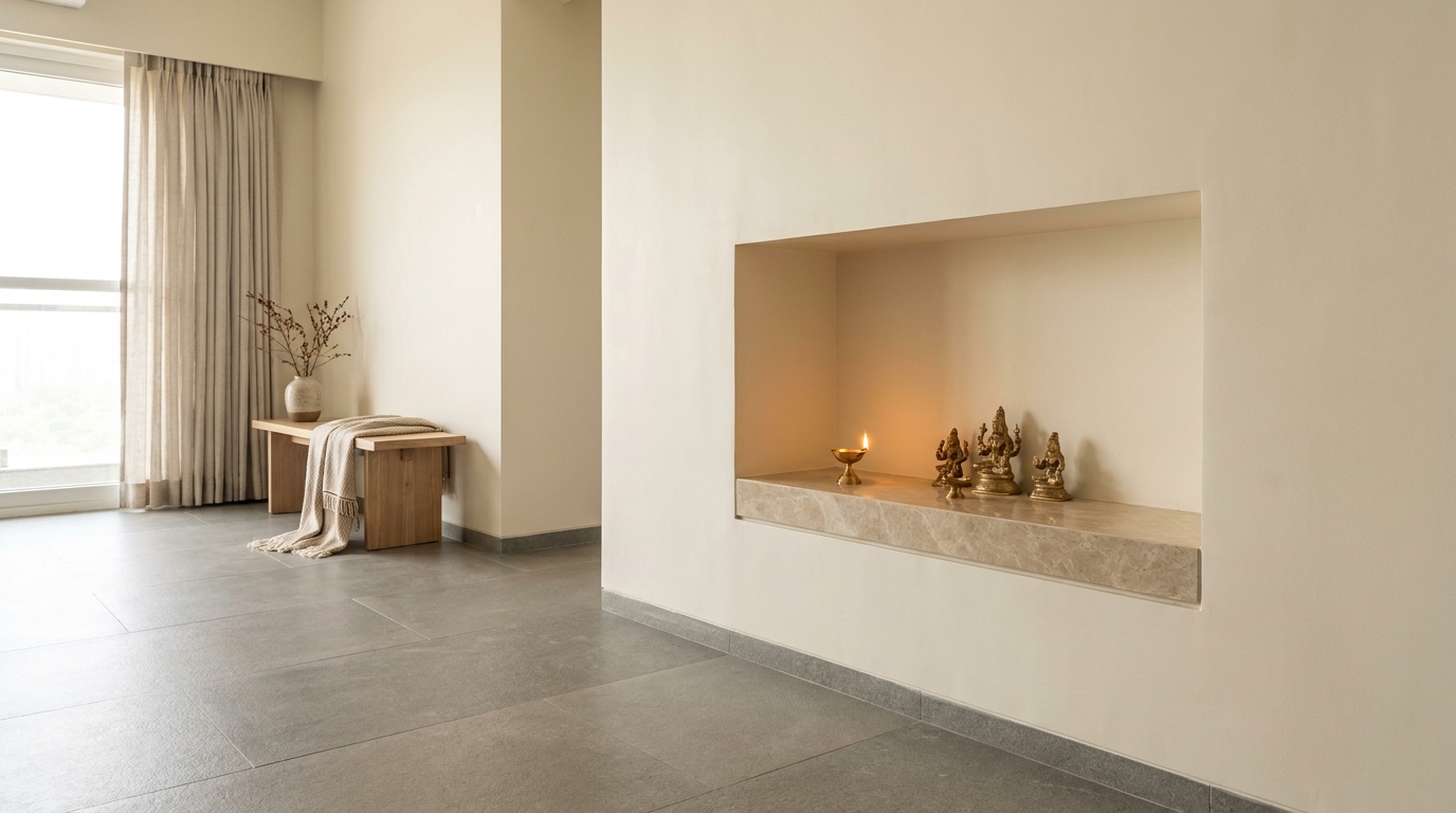 Wall niche mandir built flush into an Indian apartment wall.
