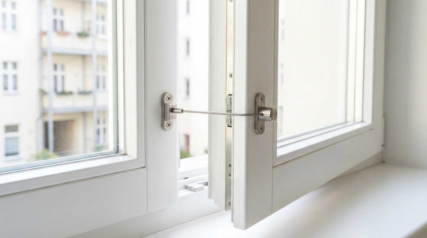 Window fitted with a metal safety restrictor limiting how far it can open.