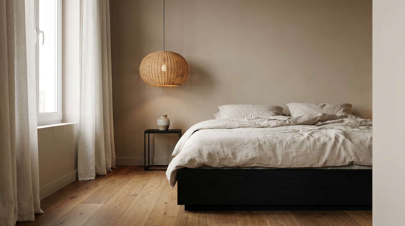 Modern Indian bedroom with mushroom-toned limewash walls, a low black platform bed, and a warm rattan pendant light casting a soft glow