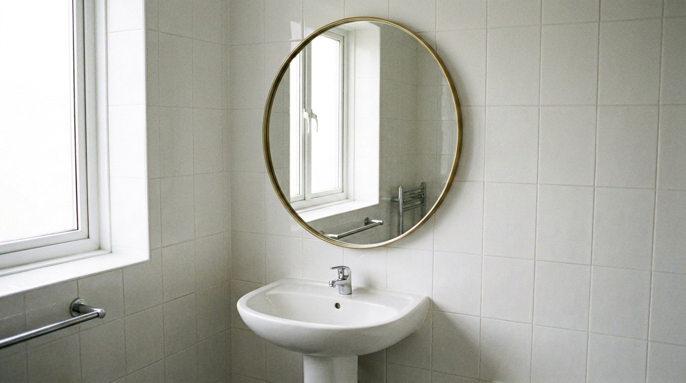 Round mirror with a slim brass frame mounted above a bathroom sink, replacing the previous rectangular one.
