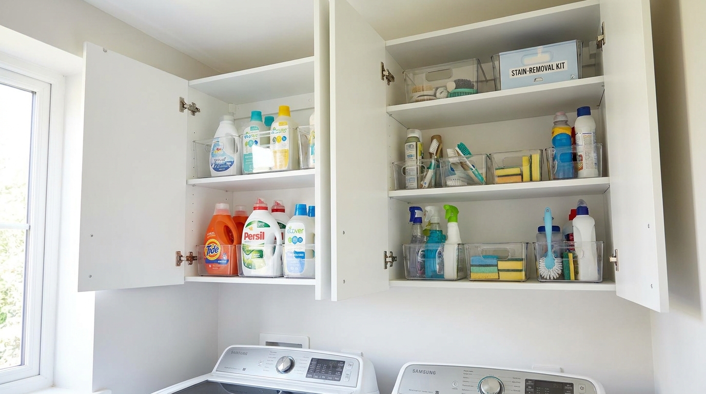 Overhead cabinets above a washing machine, open to show organised detergent and cleaning supplies.
