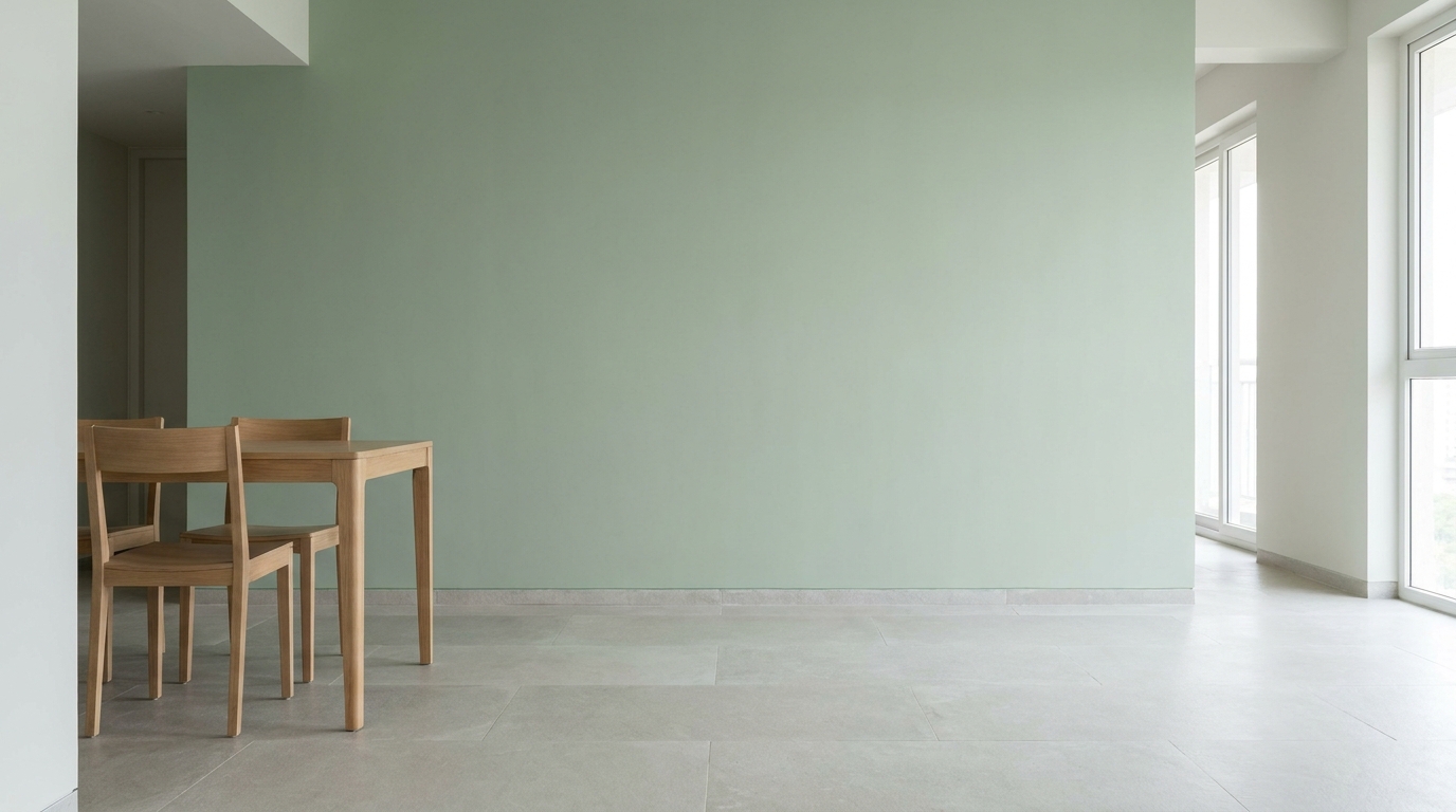 Plain sage green dining wall in an Indian apartment before moulding.