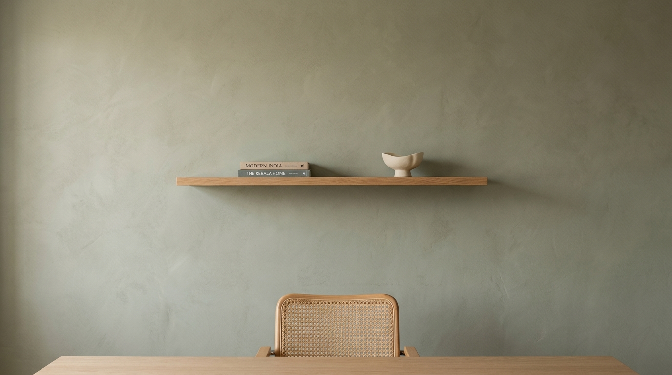 Home office wall behind a desk chair finished in matte dusty sage limewash plaster with one slim floating shelf holding two books and a ceramic object — designed as a video call background