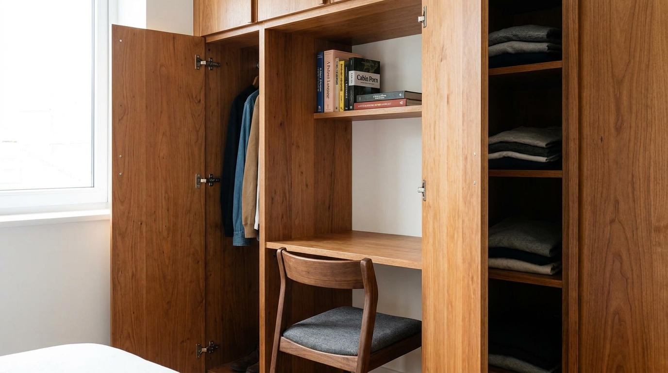 Section of an open wardrobe converted into a small desk nook with a compact desk and shelf.