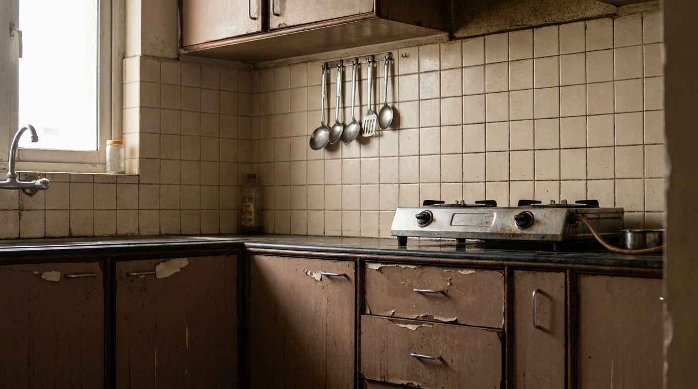 Dated small beige ceramic tile backsplash with discoloured grout in an Indian apartment kitchen before renovation.