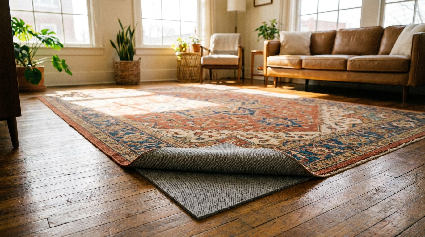 Patterned area rug on a wood floor with a non-slip rug pad visible beneath the edge.