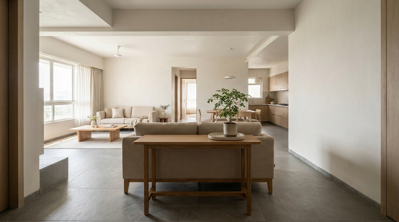 Console table behind the sofa acting as a room divider in an open-plan living room.