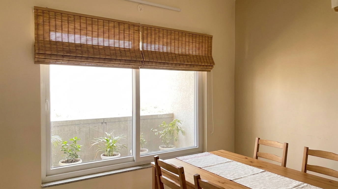 Woven bamboo roman shade with natural texture on a renovated Indian apartment dining area window.