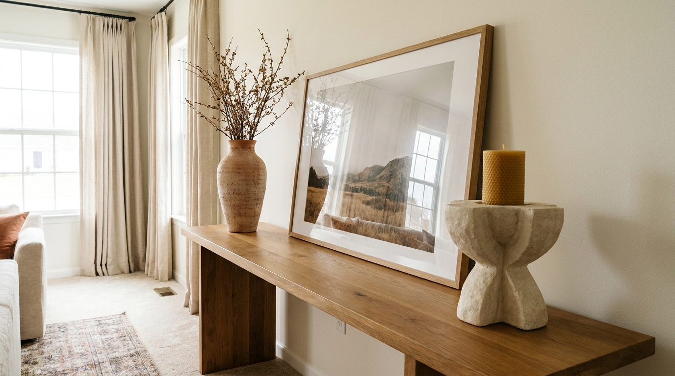 Console table styled with larger decor pieces and no small loose items within reach.
