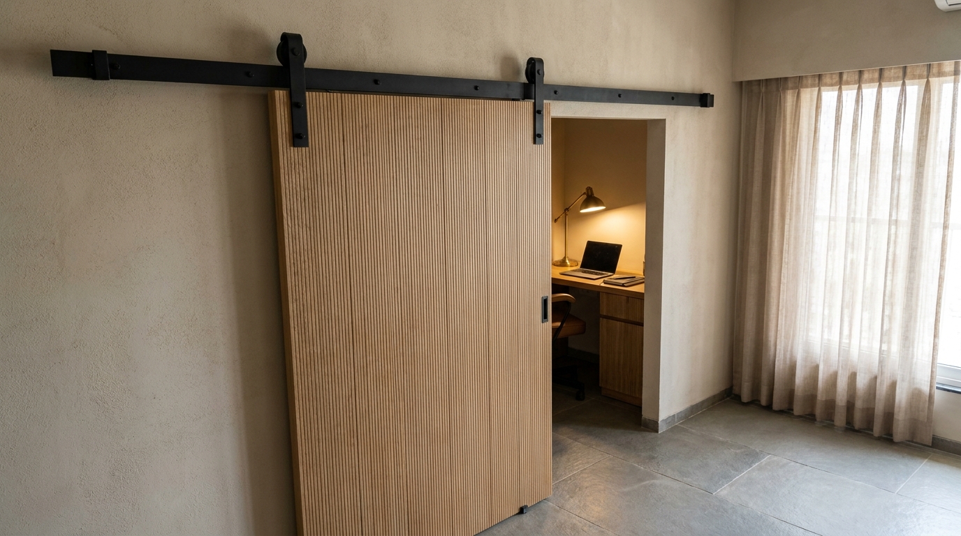 Sliding barn-style door in ribbed oak wood on a matte black track, partially open to reveal a home study nook with natural light.