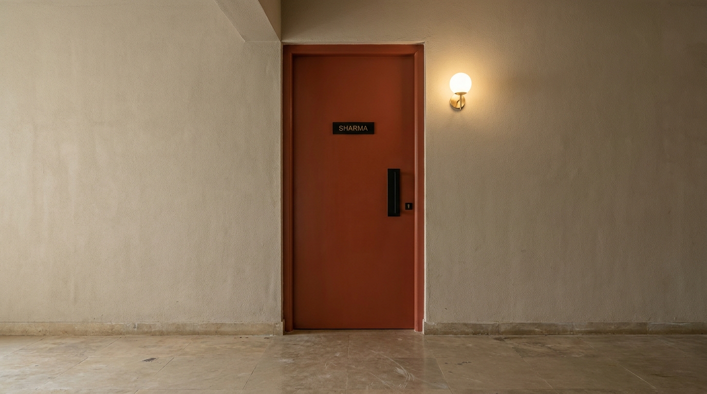 Deep terracotta flush front door with matte black handle and nameplate in a neutral Indian apartment corridor.