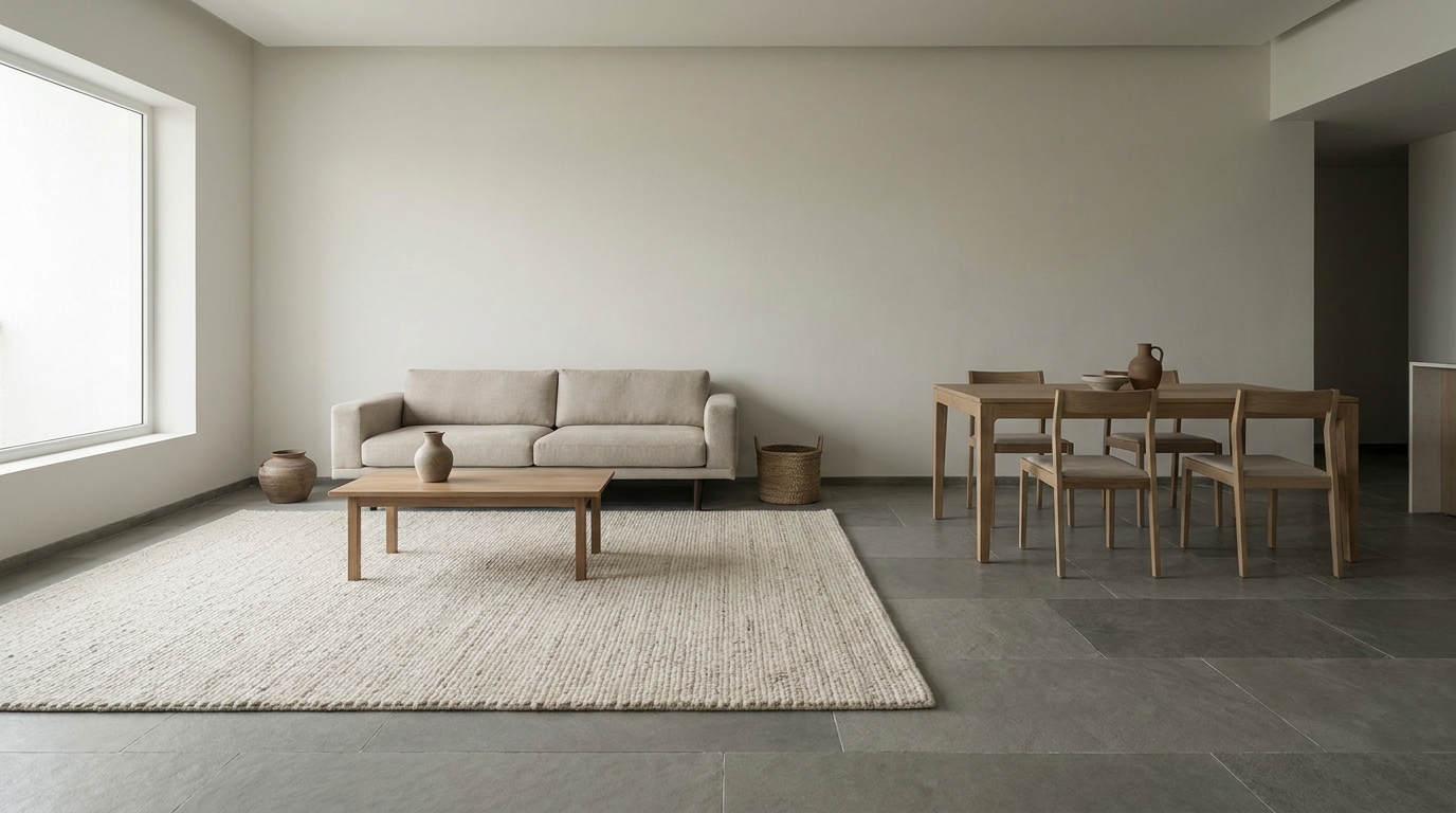 Rug defining the living zone in an open-plan Indian living-dining space.