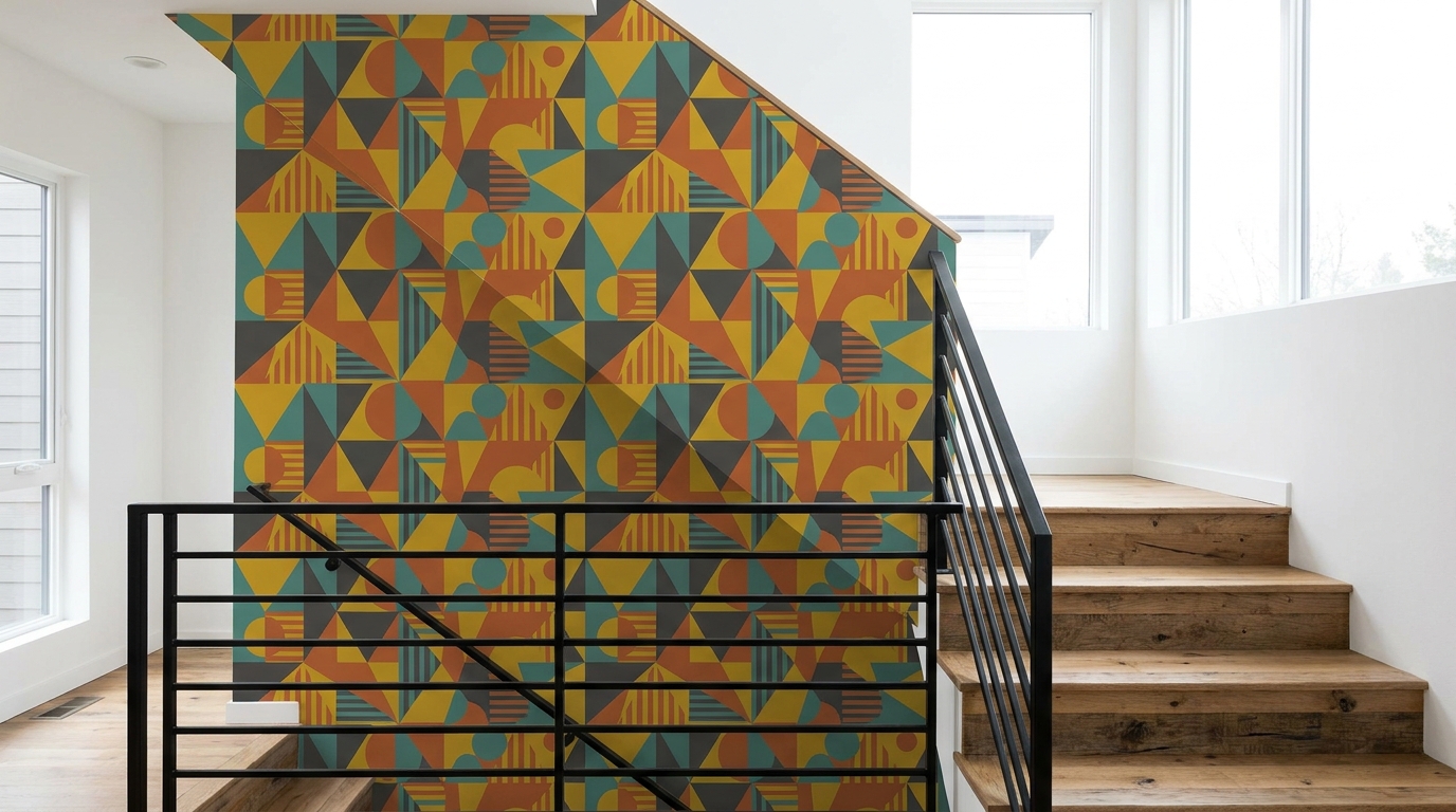 Staircase wall covered in bold geometric wallpaper following the angle of the stairs.