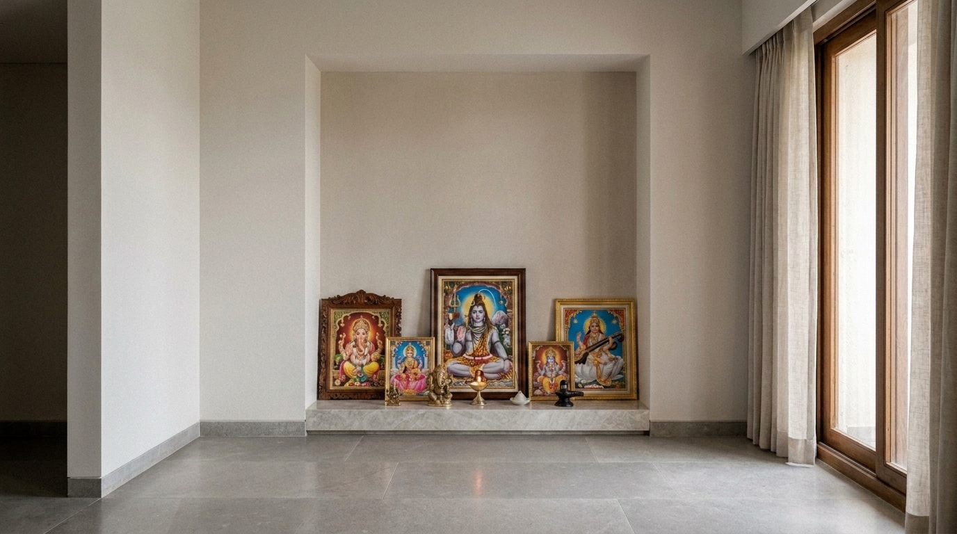 Dedicated pooja room alcove built into a proper wall niche in an Indian apartment.