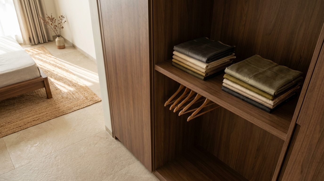 Wardrobe shelf sized for folded sarees, angled editorial shot.