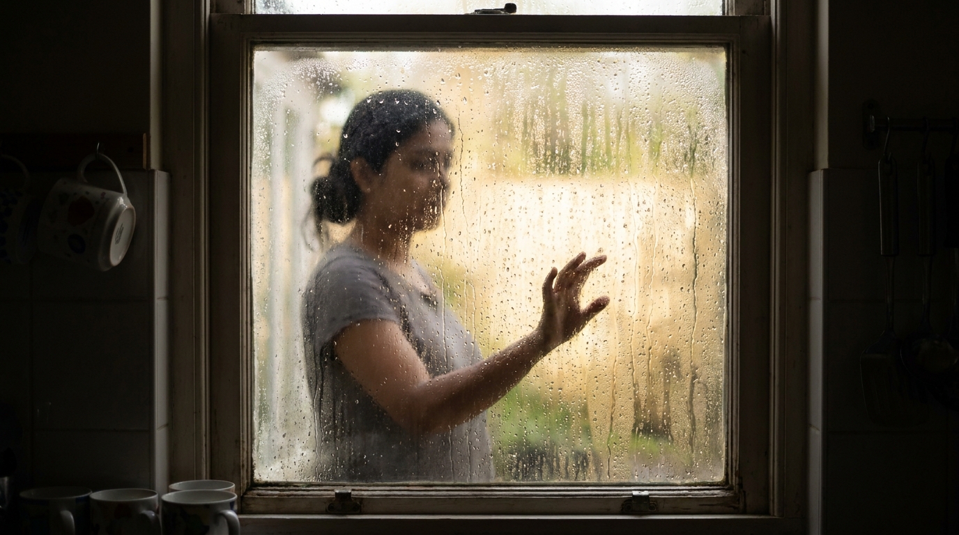 A person reaching toward a window covered in heavy condensation and water droplets, illustrating the humidity and poor ventilation buildup common in kitchens.