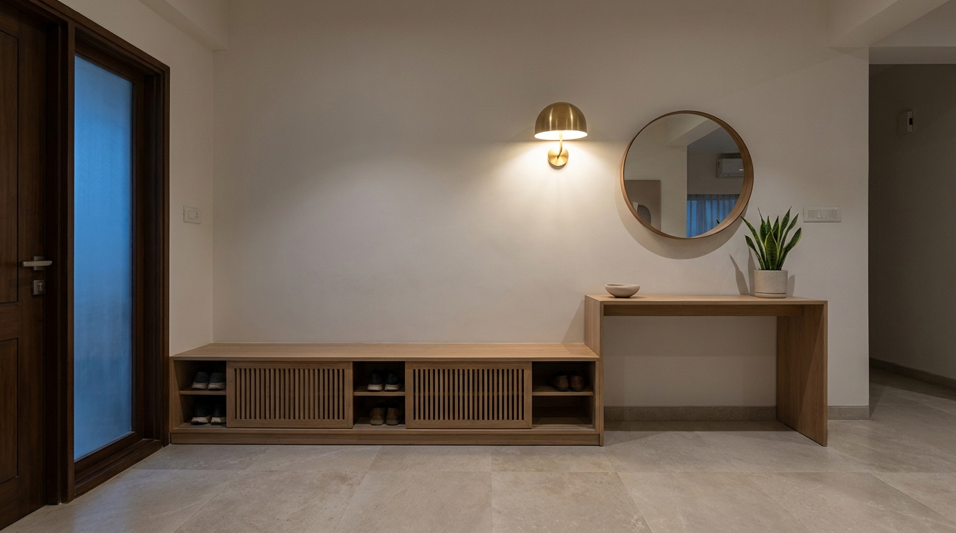 Warm wall sconce lighting an Indian apartment entryway in the evening.