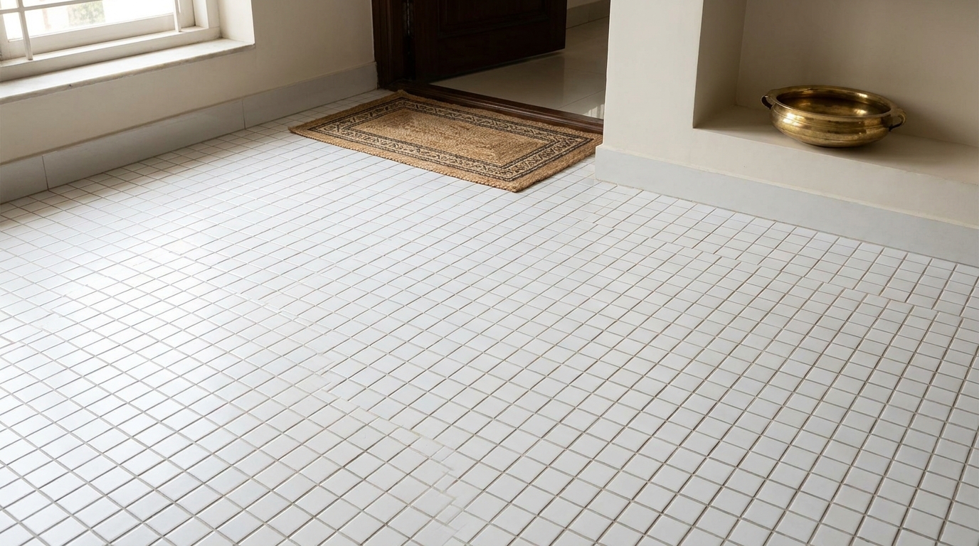 Small-format white tile flooring in a tight grid pattern in an Indian apartment entryway before renovation.