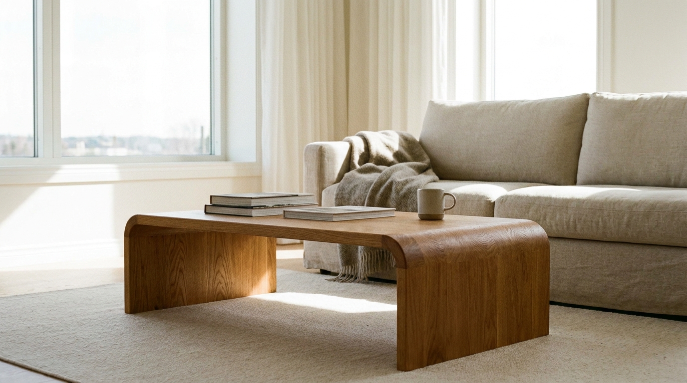 Low coffee table with rounded bullnose corners instead of sharp right-angle edges.