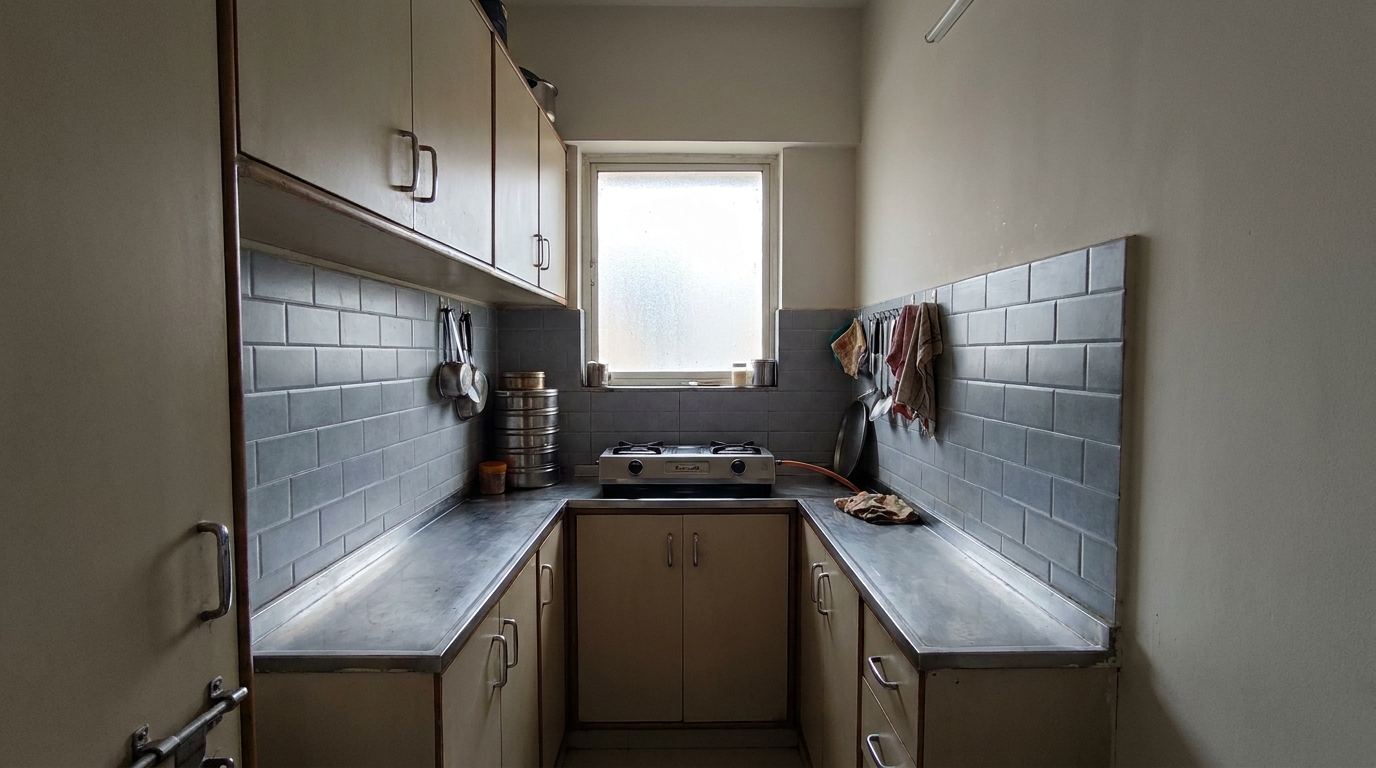 Narrow galley Indian apartment kitchen with a matte grey ceramic tile backsplash before renovation, appearing tight and enclosed.