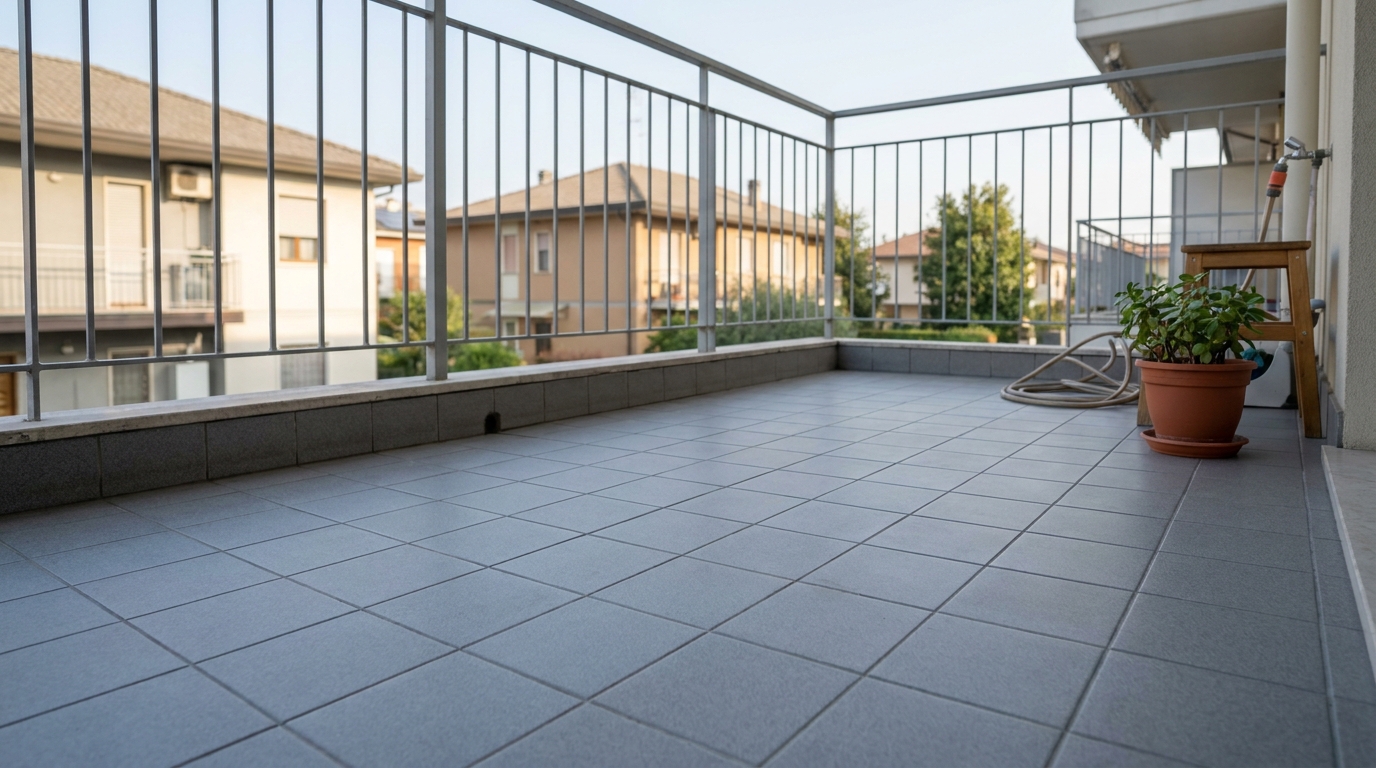 Plain matte grey tile flooring on an Indian apartment balcony before renovation.
