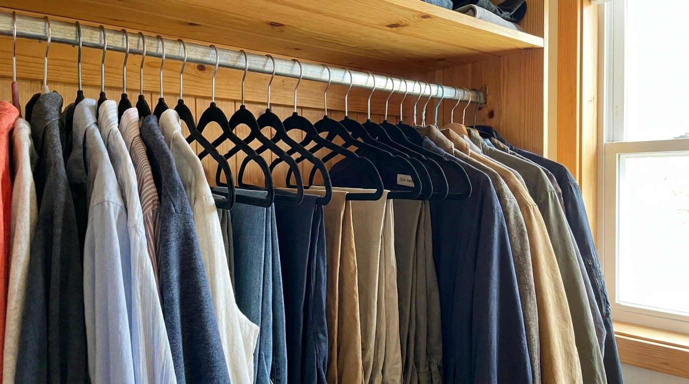 Wardrobe hanging rod fitted with uniform slim hangers evenly spaced, with extra room visible at the end.