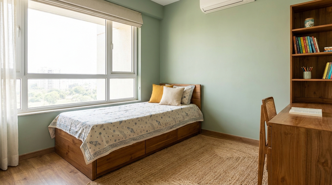 Kids' room with a neutral sage-green and wood palette, with a themed bedspread as the only strongly themed element.