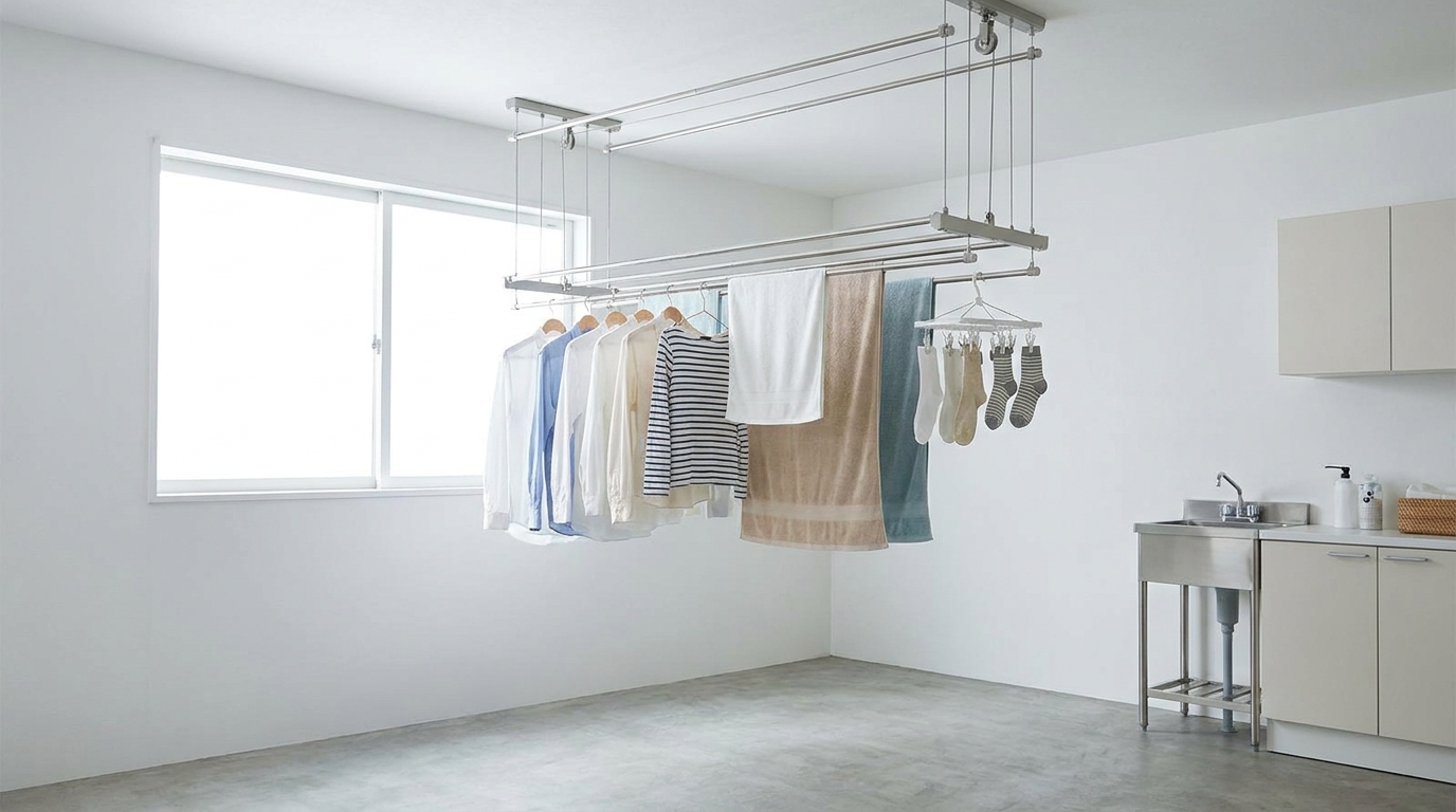 Retractable ceiling-mounted drying rod extended with clothes hanging, floor space clear below.